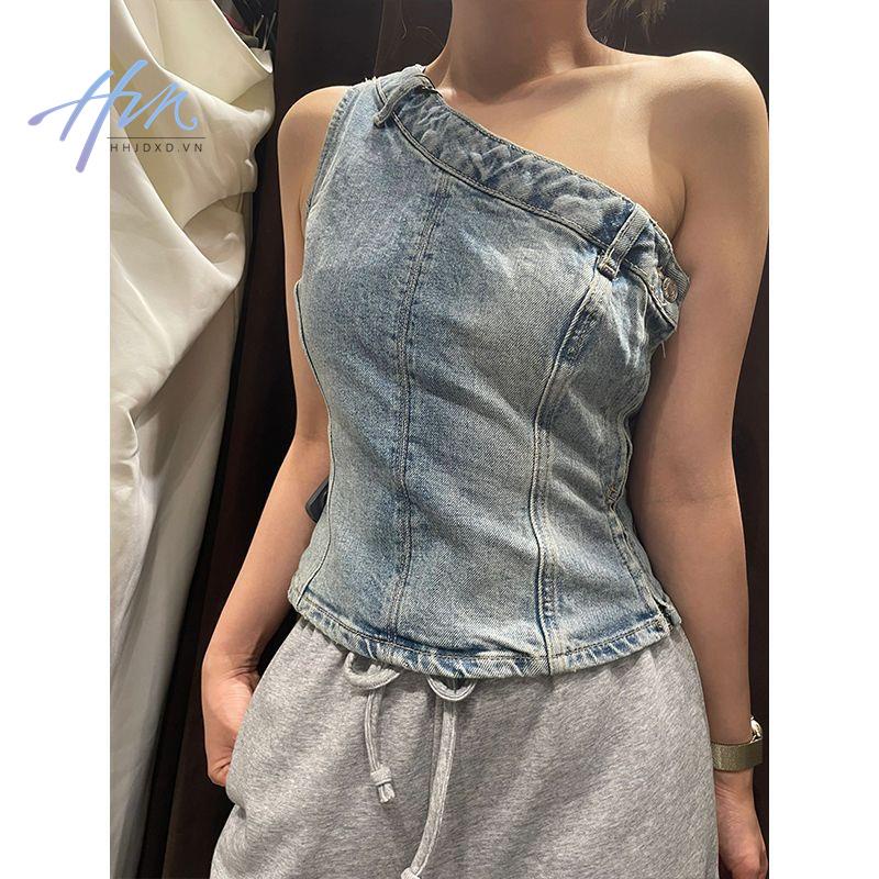 Áo Denim Không Tay Lệch Vai Thời Trang Mùa Hè Dành Cho Nữ