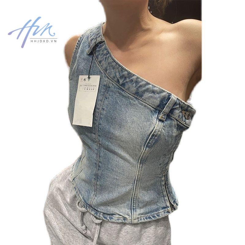 Áo Denim Không Tay Lệch Vai Thời Trang Mùa Hè Dành Cho Nữ