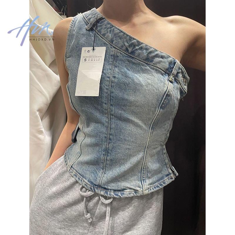 Áo Denim Không Tay Lệch Vai Thời Trang Mùa Hè Dành Cho Nữ