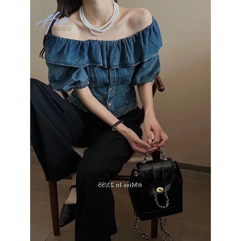 Áo Sơ Mi Denim Một Mảnh Dáng Ôm Cổ Hẹp Eo Cao Thời Trang Mùa Hè