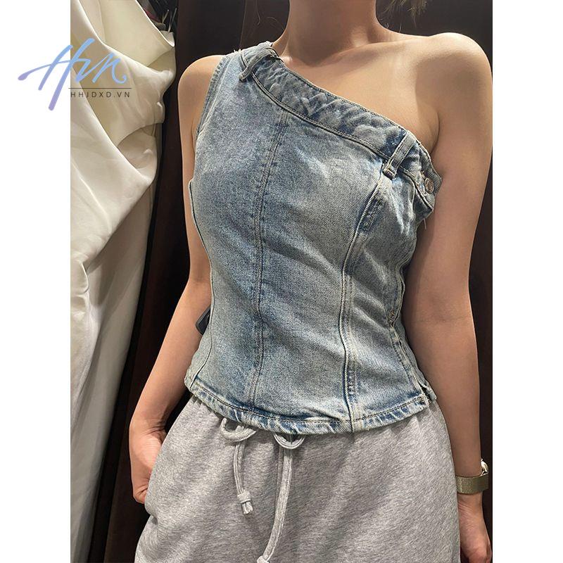 Áo Denim Không Tay Lệch Vai Thời Trang Mùa Hè Dành Cho Nữ