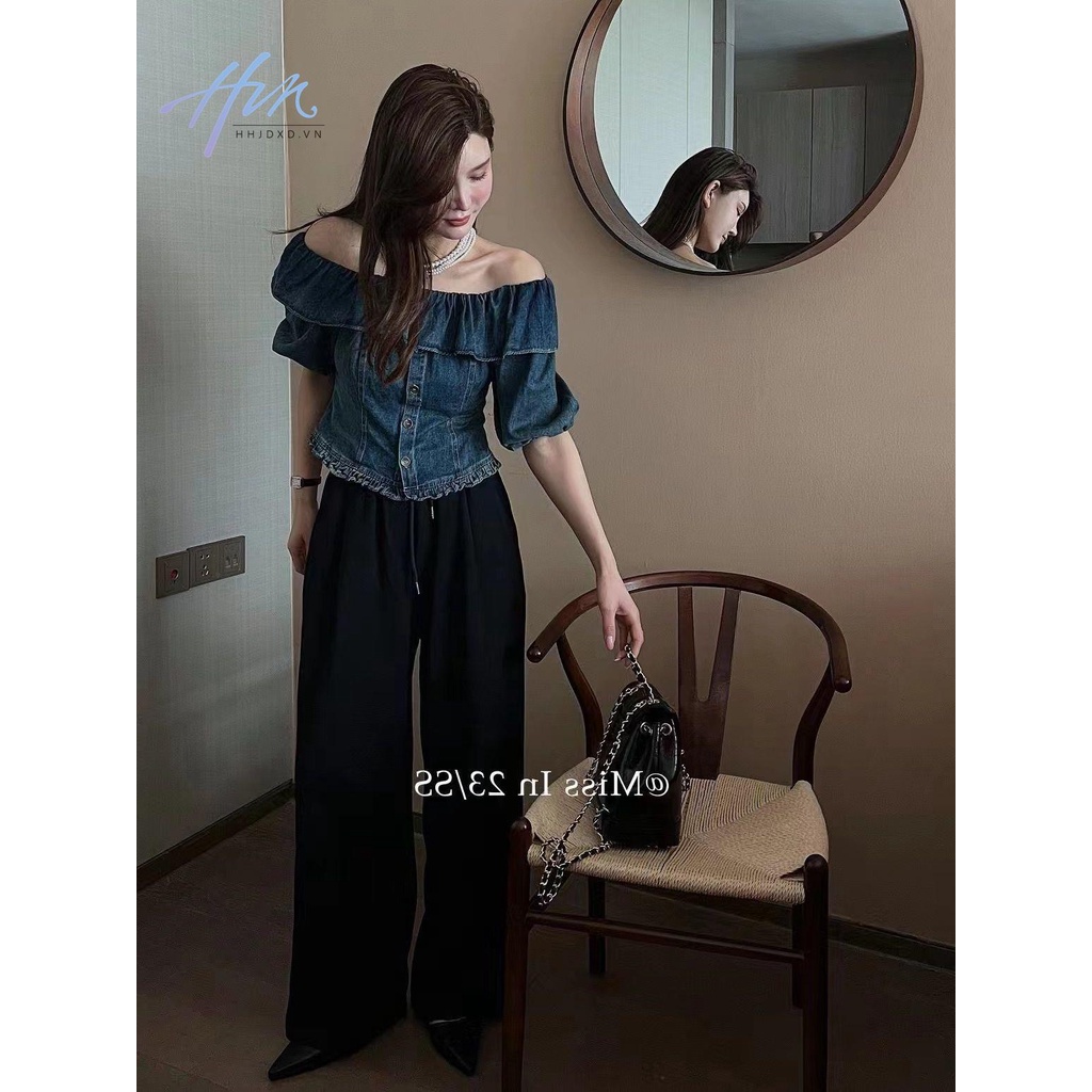 Áo Sơ Mi Denim Một Mảnh Dáng Ôm Cổ Hẹp Eo Cao Thời Trang Mùa Hè
