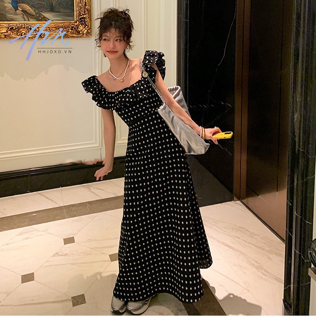 Đầm Dài Cổ Vuông Họa Tiết Chấm Bi Thời Trang Mùa Hè 2023 Mới Phong Cách Pháp Cho Nữ