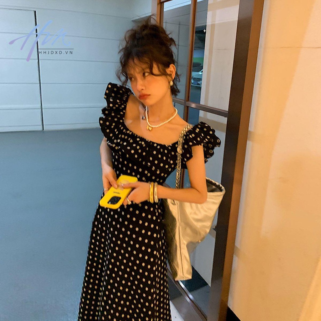 Đầm Dài Cổ Vuông Họa Tiết Chấm Bi Thời Trang Mùa Hè 2023 Mới Phong Cách Pháp Cho Nữ