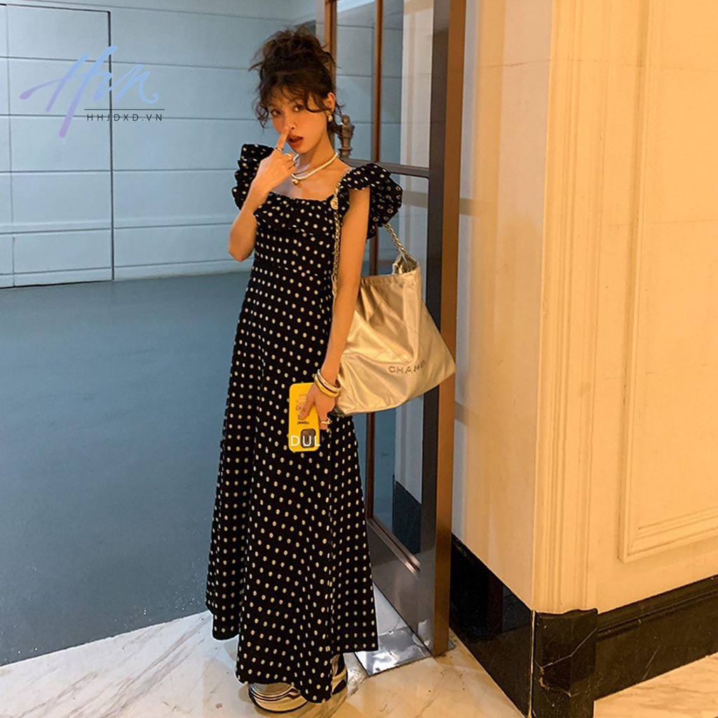 Đầm Dài Cổ Vuông Họa Tiết Chấm Bi Thời Trang Mùa Hè 2023 Mới Phong Cách Pháp Cho Nữ