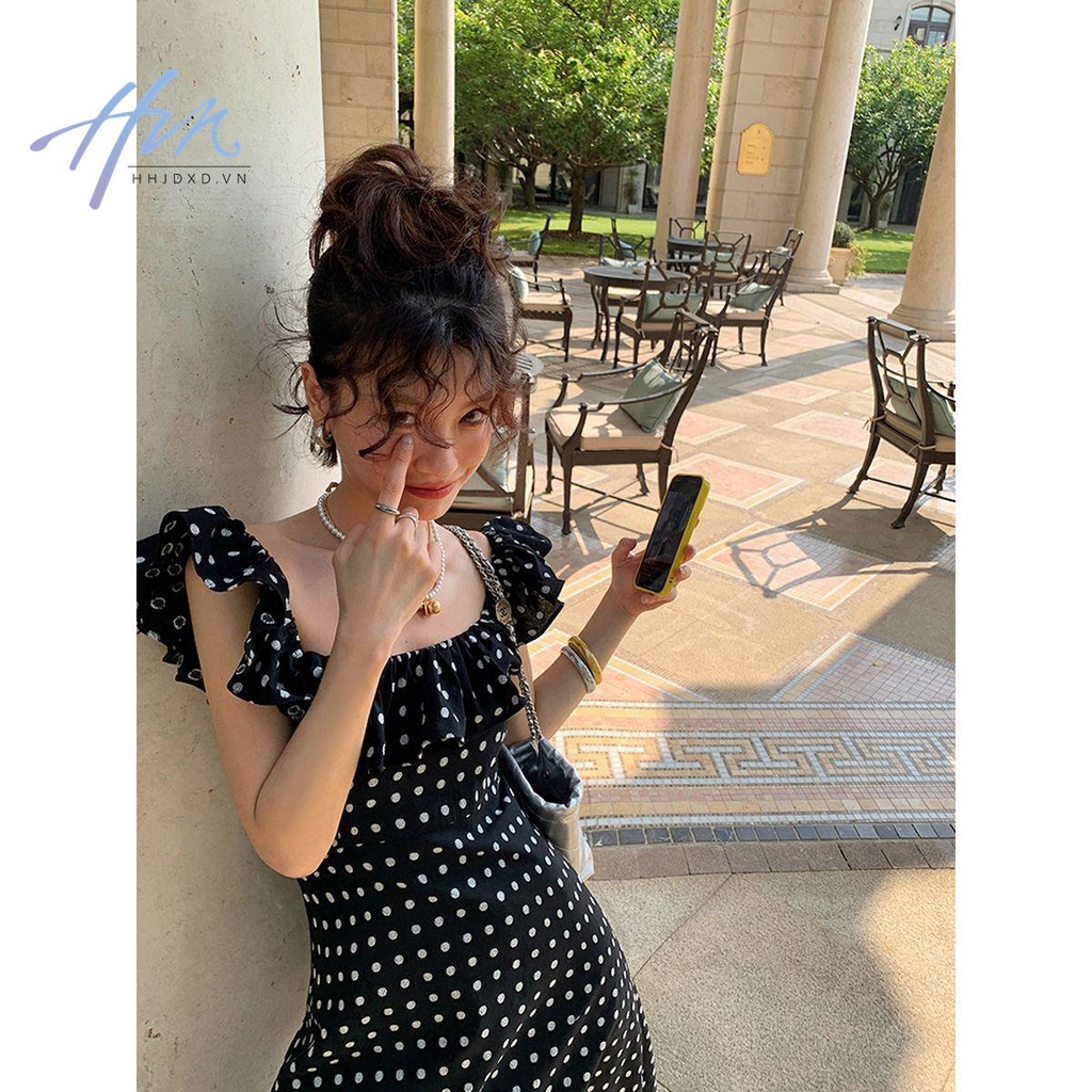 Đầm Dài Cổ Vuông Họa Tiết Chấm Bi Thời Trang Mùa Hè 2023 Mới Phong Cách Pháp Cho Nữ