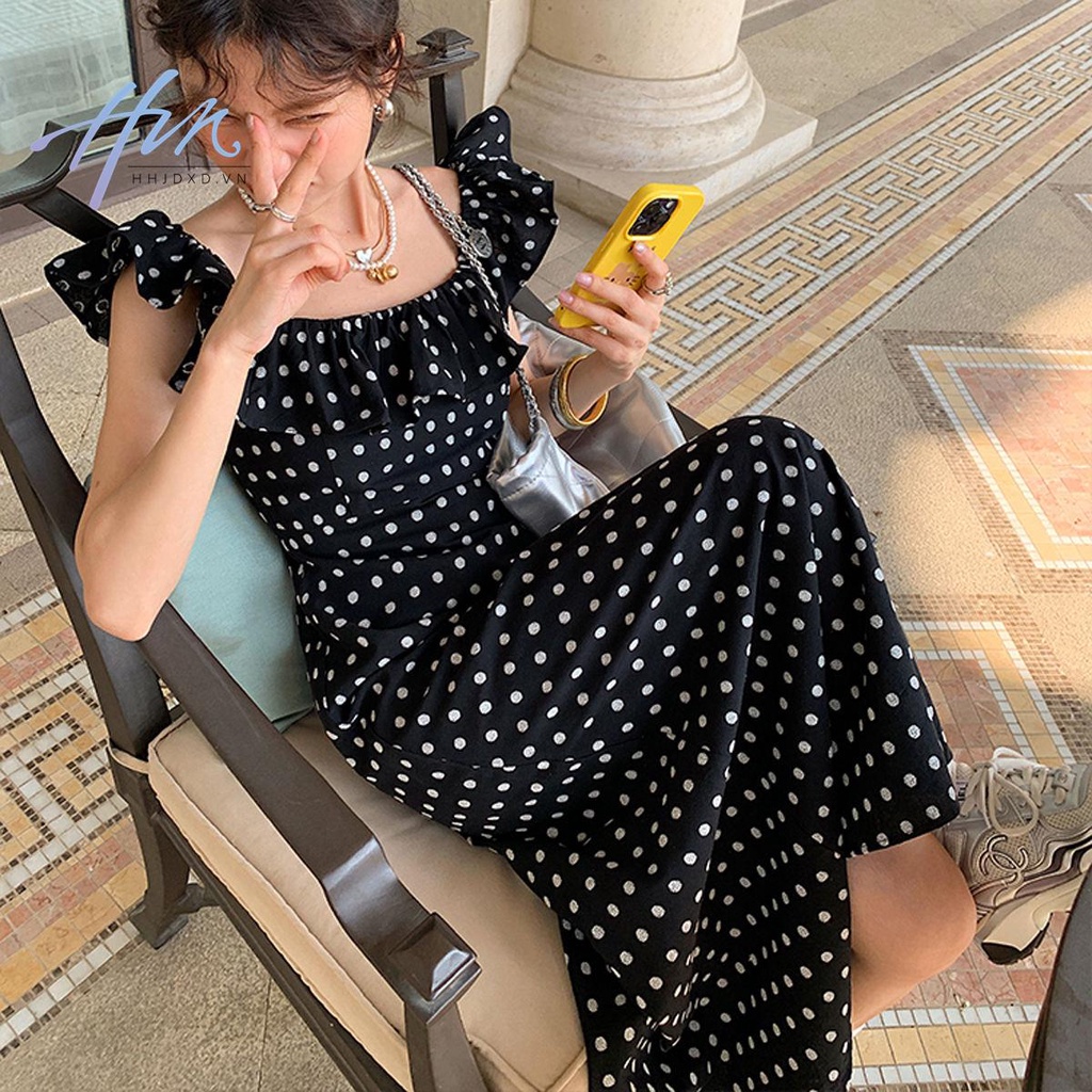 Đầm Dài Cổ Vuông Họa Tiết Chấm Bi Thời Trang Mùa Hè 2023 Mới Phong Cách Pháp Cho Nữ
