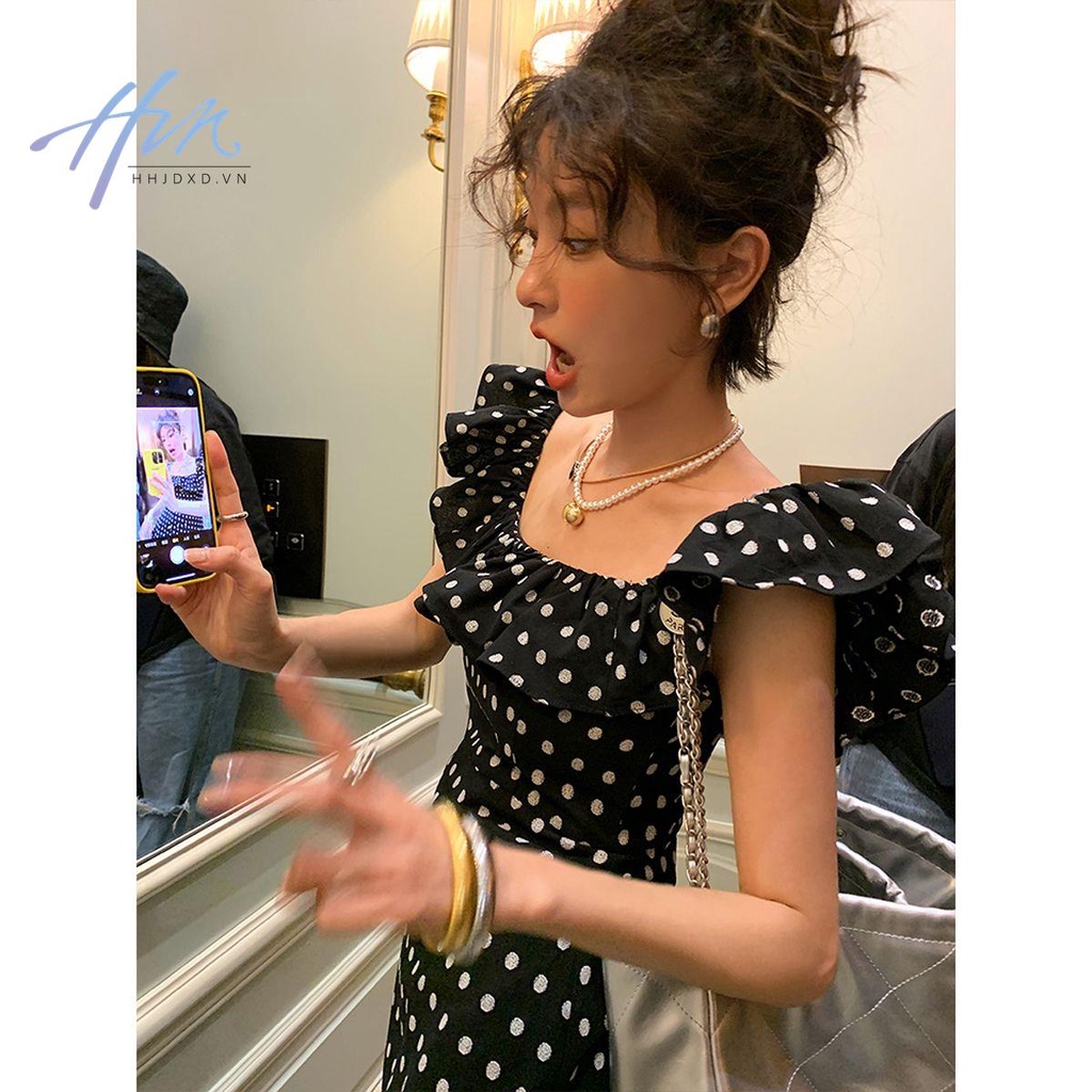 Đầm Dài Cổ Vuông Họa Tiết Chấm Bi Thời Trang Mùa Hè 2023 Mới Phong Cách Pháp Cho Nữ