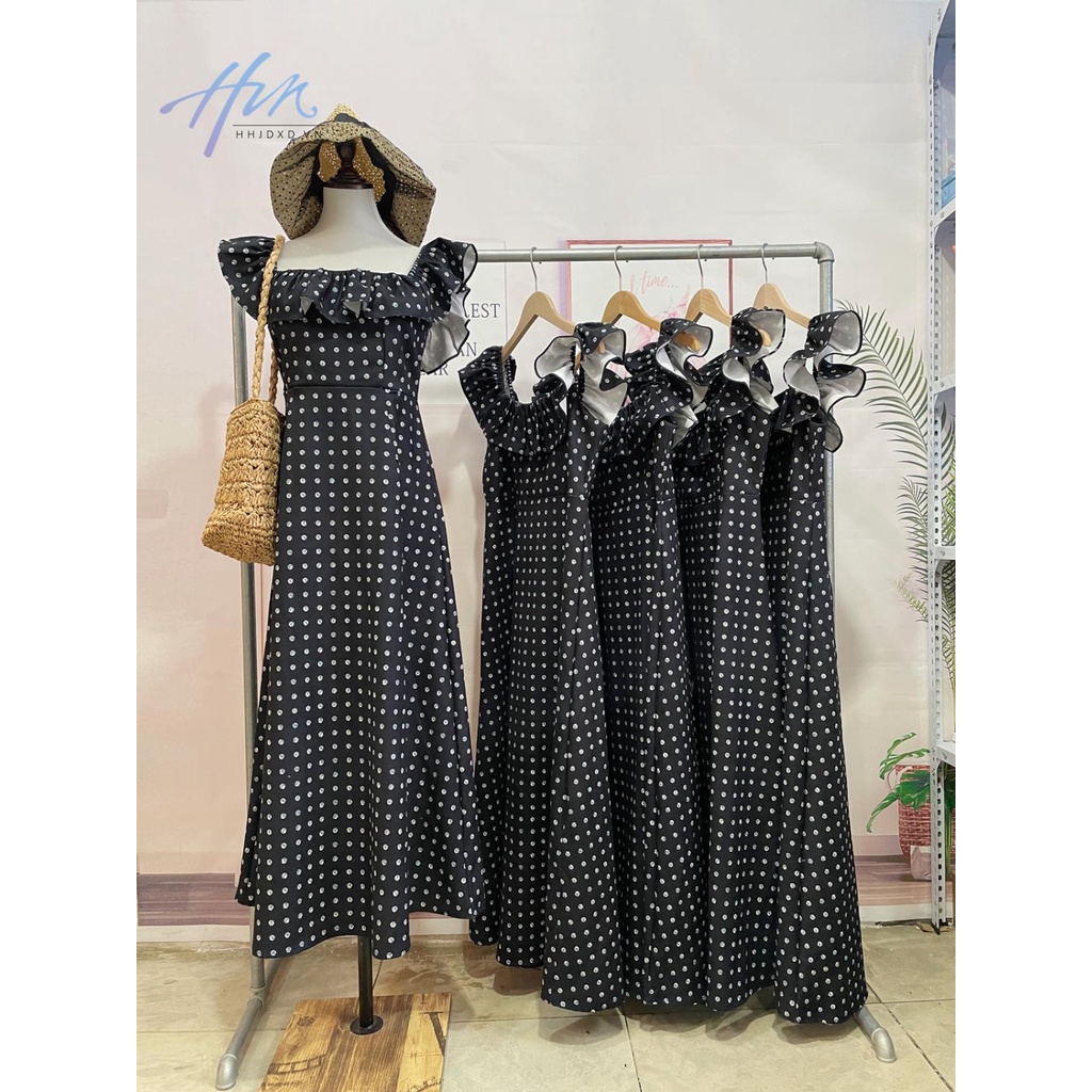 Đầm Dài Cổ Vuông Họa Tiết Chấm Bi Thời Trang Mùa Hè 2023 Mới Phong Cách Pháp Cho Nữ