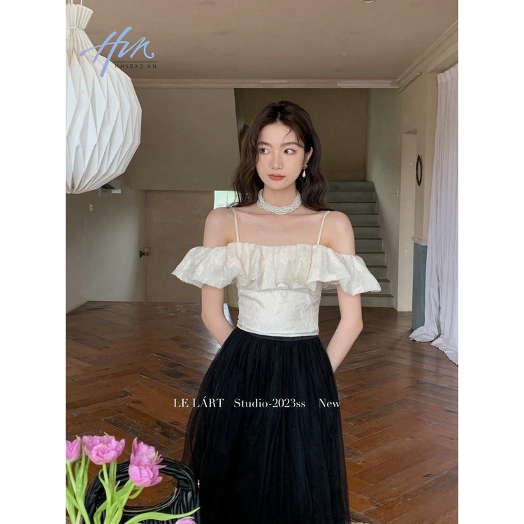 Áo Sơ Mi Mùa Hè Hai Dây Dáng Ôm Vừa Vặn Phong Cách Pháp Cổ Phẳng Có Diềm Xếp Nếp Cho