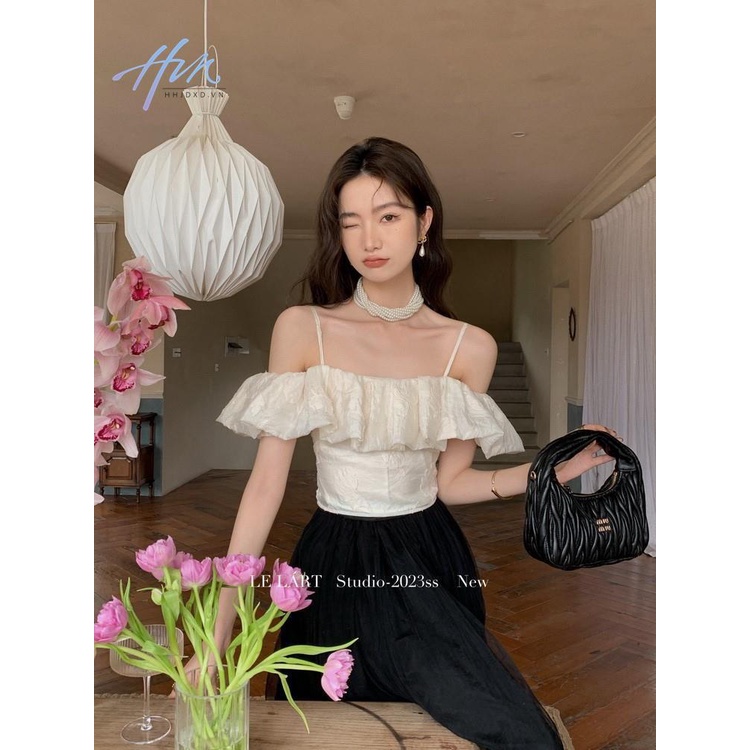 Áo Sơ Mi Mùa Hè Hai Dây Dáng Ôm Vừa Vặn Phong Cách Pháp Cổ Phẳng Có Diềm Xếp Nếp Cho