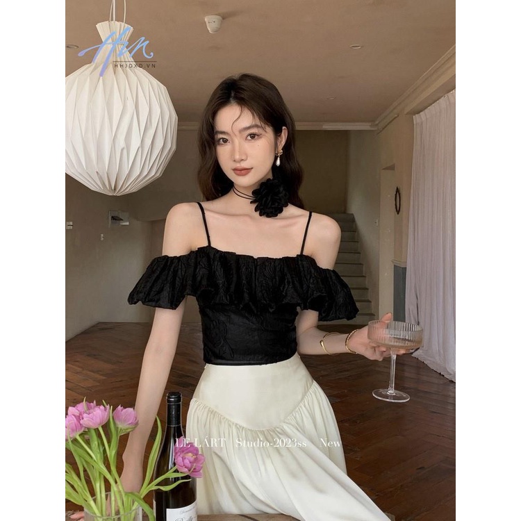 Áo Sơ Mi Mùa Hè Hai Dây Dáng Ôm Vừa Vặn Phong Cách Pháp Cổ Phẳng Có Diềm Xếp Nếp Cho