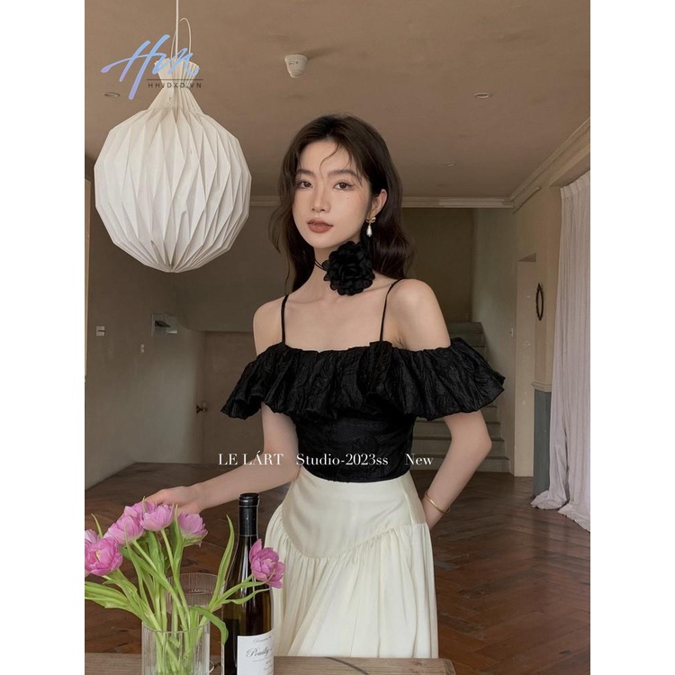 Áo Sơ Mi Mùa Hè Hai Dây Dáng Ôm Vừa Vặn Phong Cách Pháp Cổ Phẳng Có Diềm Xếp Nếp Cho