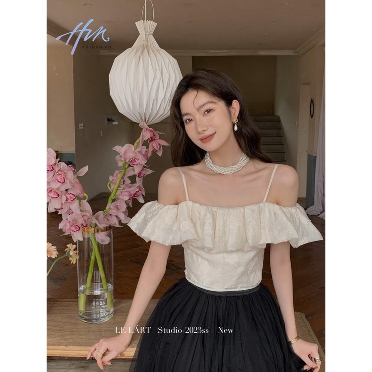 Áo Sơ Mi Mùa Hè Hai Dây Dáng Ôm Vừa Vặn Phong Cách Pháp Cổ Phẳng Có Diềm Xếp Nếp Cho