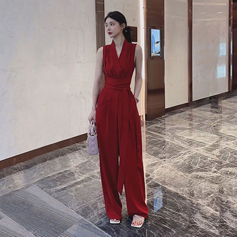 Bộ Áo Liền Quần Ống Rộng Buộc Dây Eo Thời Trang Mùa Hè Chất Lượng Cao Cho Nữ