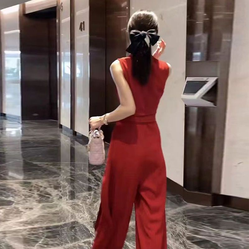 Bộ Áo Liền Quần Ống Rộng Buộc Dây Eo Thời Trang Mùa Hè Chất Lượng Cao Cho Nữ