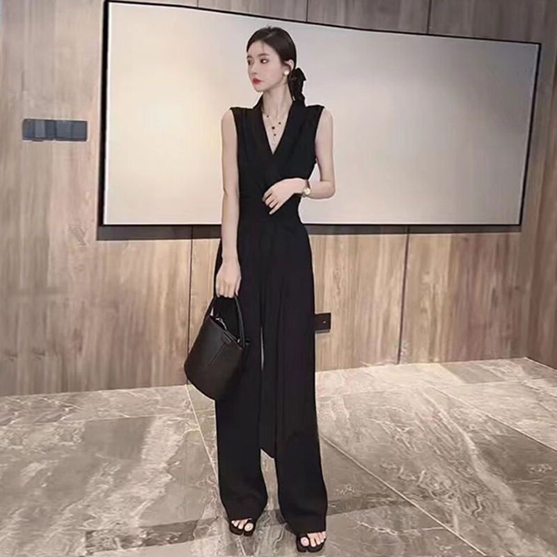 Bộ Áo Liền Quần Ống Rộng Buộc Dây Eo Thời Trang Mùa Hè Chất Lượng Cao Cho Nữ