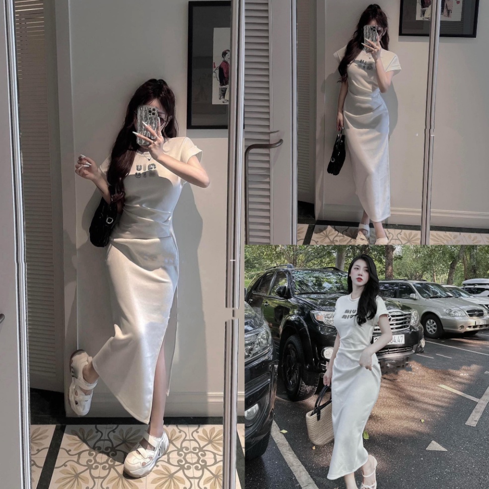 (FreeShip) Váy Body Đính Đá Miu Miu, Chất Zip Tàu Loại 1, Vải Mịn Co Dãn Nhẹ