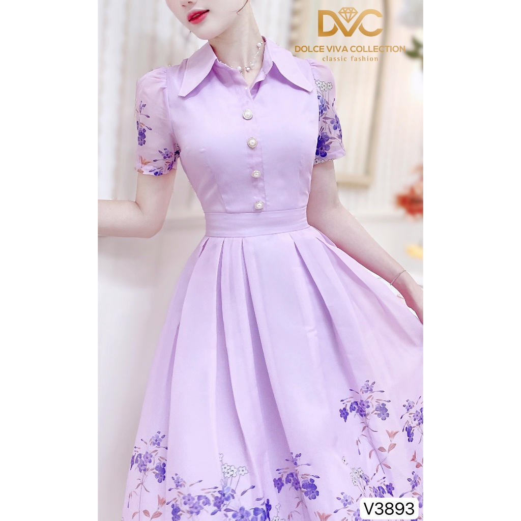 VÁY SƠ MI TÍM HỌA TIẾT HOA NHÍ DÁNG XẾP LY MẶC ĐI CHƠI V3893 - DVC phối phối dvc chính hãng