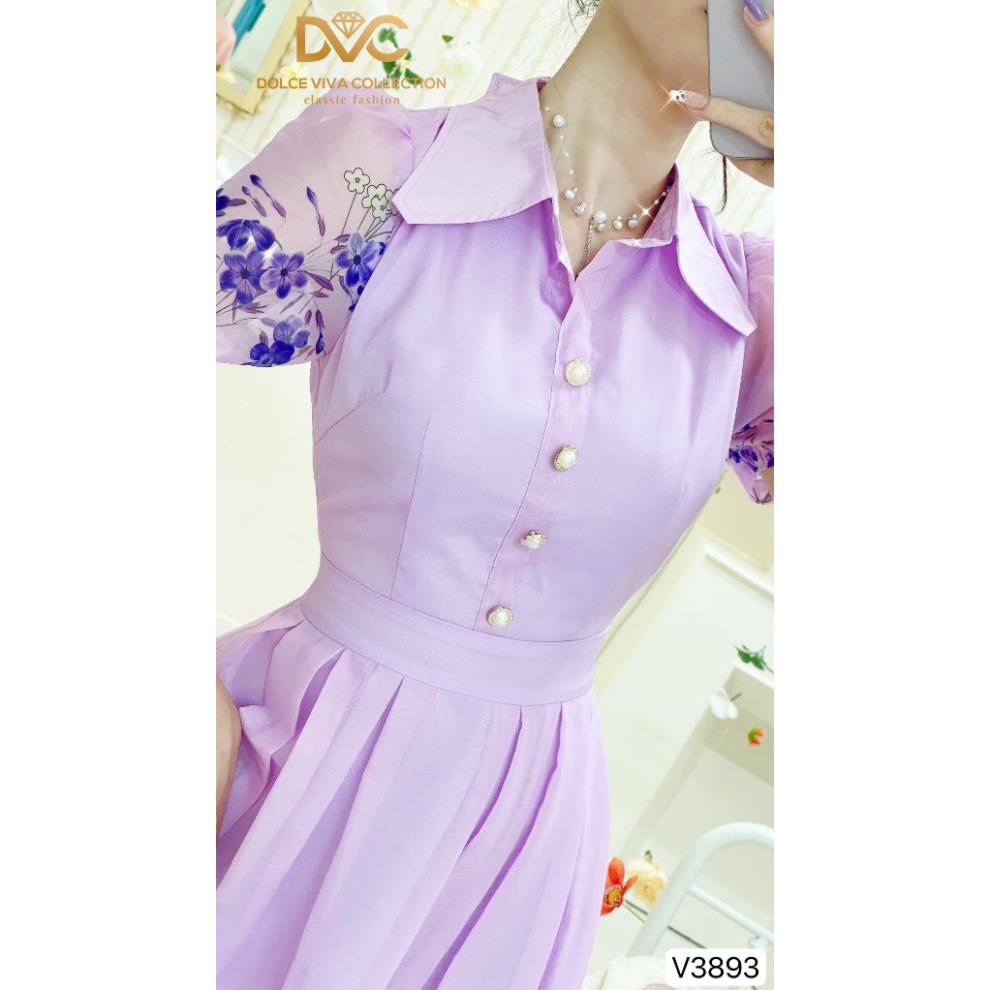 VÁY SƠ MI TÍM HỌA TIẾT HOA NHÍ DÁNG XẾP LY MẶC ĐI CHƠI V3893 - DVC phối phối dvc chính hãng