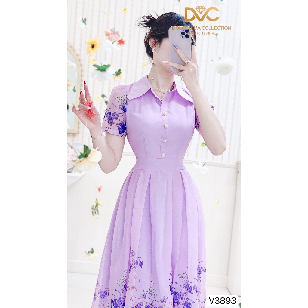 VÁY SƠ MI TÍM HỌA TIẾT HOA NHÍ DÁNG XẾP LY MẶC ĐI CHƠI V3893 - DVC phối phối dvc chính hãng