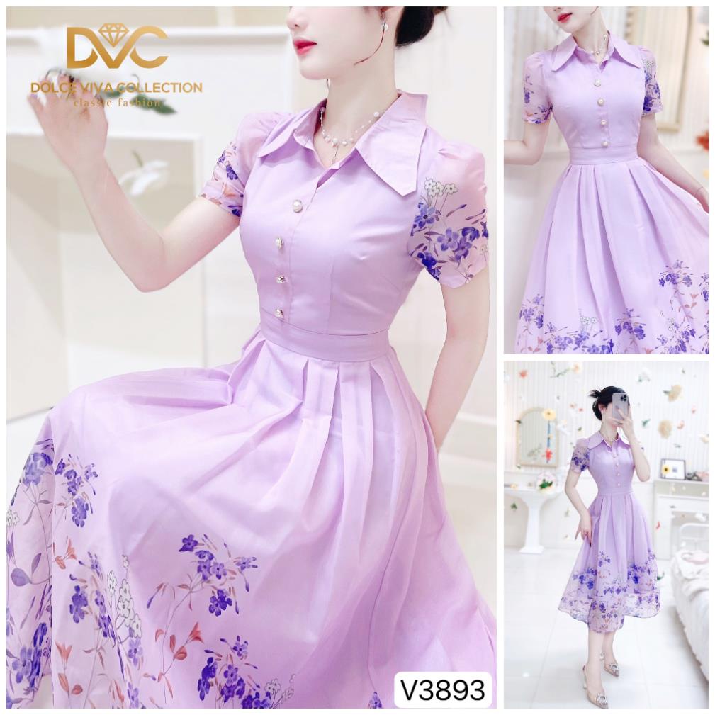VÁY SƠ MI TÍM HỌA TIẾT HOA NHÍ DÁNG XẾP LY MẶC ĐI CHƠI V3893 - DVC phối phối dvc chính hãng