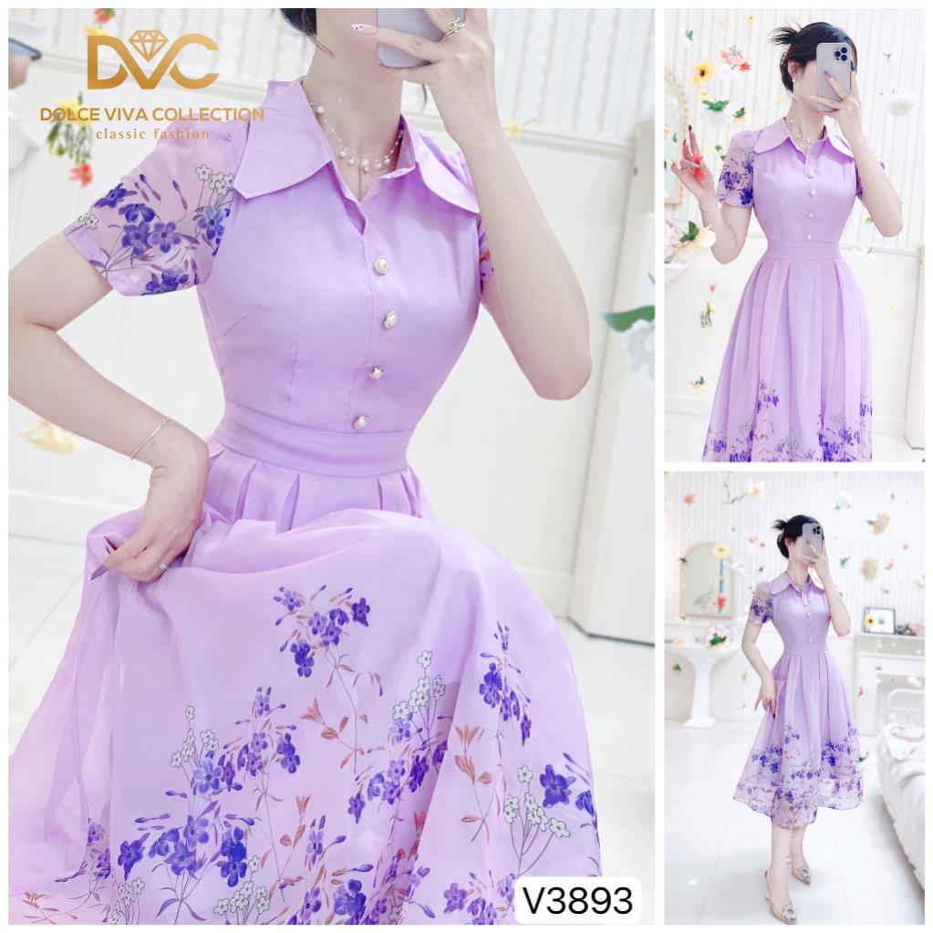 VÁY SƠ MI TÍM HỌA TIẾT HOA NHÍ DÁNG XẾP LY MẶC ĐI CHƠI V3893 - DVC phối phối dvc chính hãng