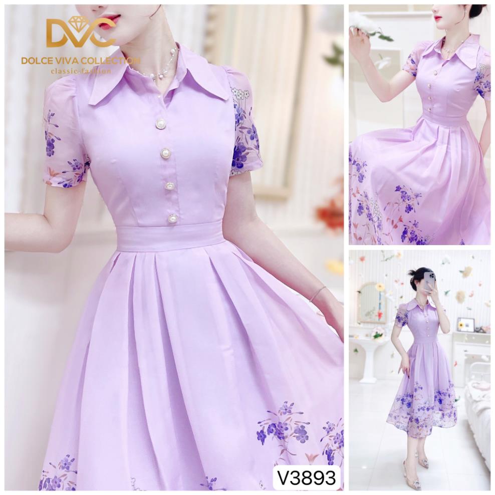 VÁY SƠ MI TÍM HỌA TIẾT HOA NHÍ DÁNG XẾP LY MẶC ĐI CHƠI V3893 - DVC phối phối dvc chính hãng