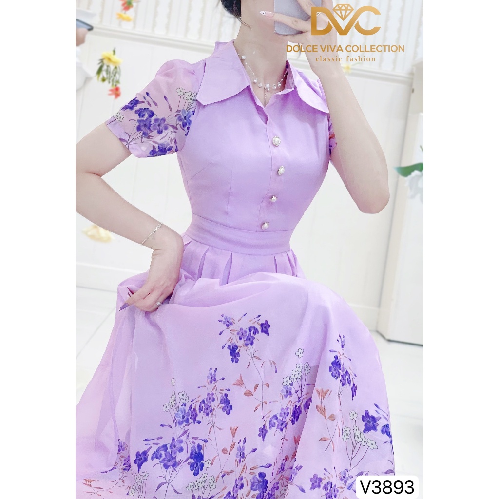 VÁY SƠ MI TÍM HỌA TIẾT HOA NHÍ DÁNG XẾP LY MẶC ĐI CHƠI V3893 - DVC phối phối dvc chính hãng
