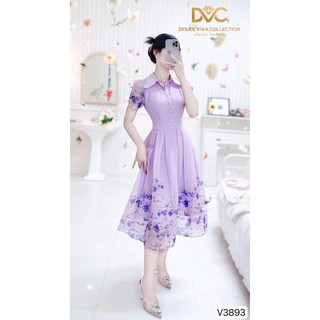 (chính hãng +sẵn hàng) VÁY SƠ MI TÍM HỌA TIẾT HOA NHÍ DÁNG XẾP LY MẶC ĐI CHƠI V3893 - DVC phối phối dvc chính hãng