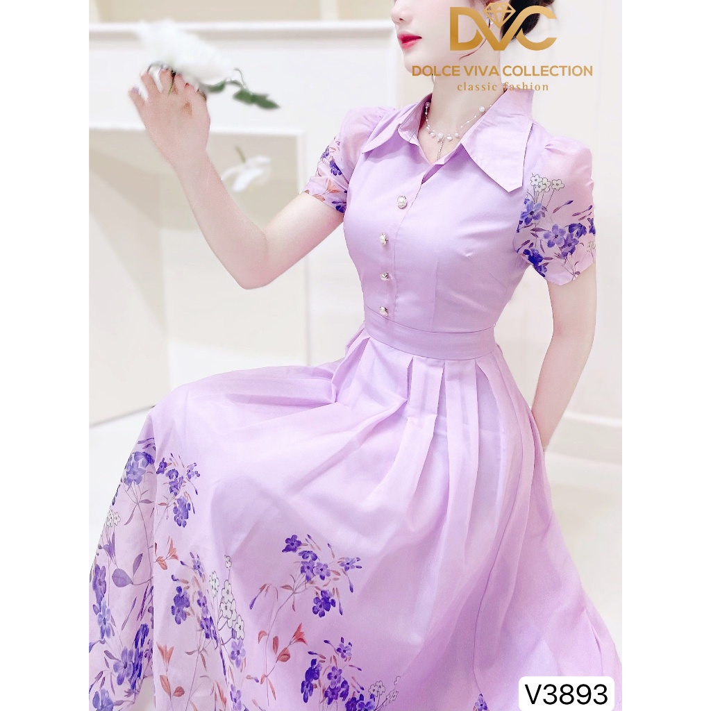 VÁY SƠ MI TÍM HỌA TIẾT HOA NHÍ DÁNG XẾP LY MẶC ĐI CHƠI V3893 - DVC phối phối dvc chính hãng