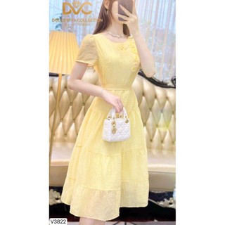 (chính hãng +sẵn hàng) VÁY VÀNG XÒE TẦNG VAI ĐÍNH HOA NỔI MẶC ĐI CHƠI V3822 - DVC phối phối dvc chính hãng