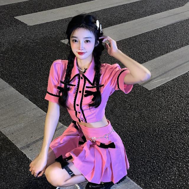 Jiashucheng Bộ Áo Đính Nơ Màu Sắc Tương Phản Phối Chân Váy Xếp Ly Lưng Cao Kiểu Pháp Dễ Thương Cho Nữ