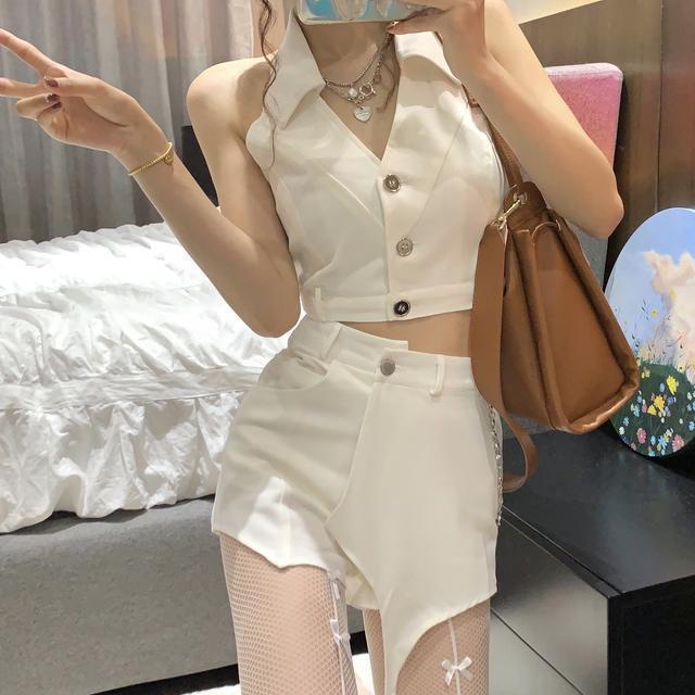 Jiashucheng Set Áo Hai Dây Cổ Chữ V + Quần Short Thời Trang Nữ