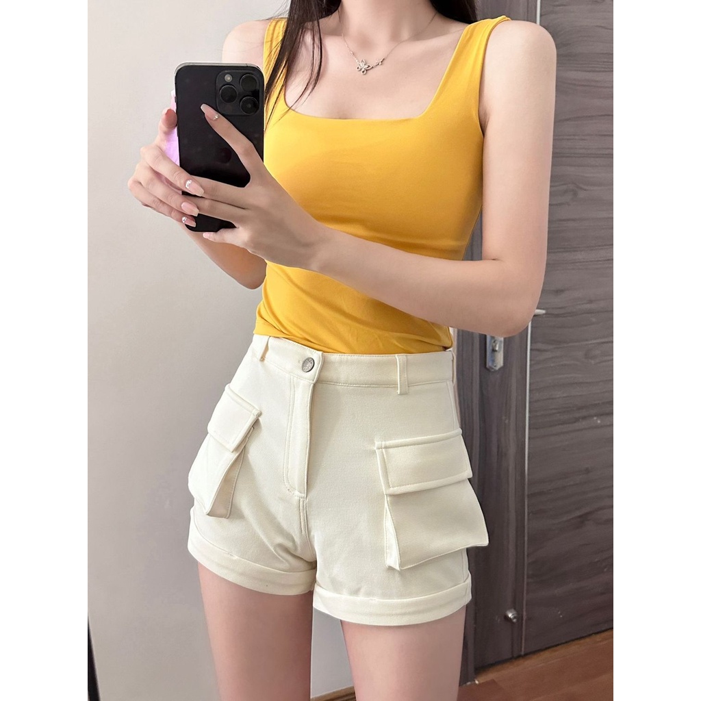 Jiashucheng Quần Short Yếm Lưng Cao Ống Rộng Màu Trắng Thời Trang Mùa Hè Hàng Mới Dành Cho Bạn Nữ