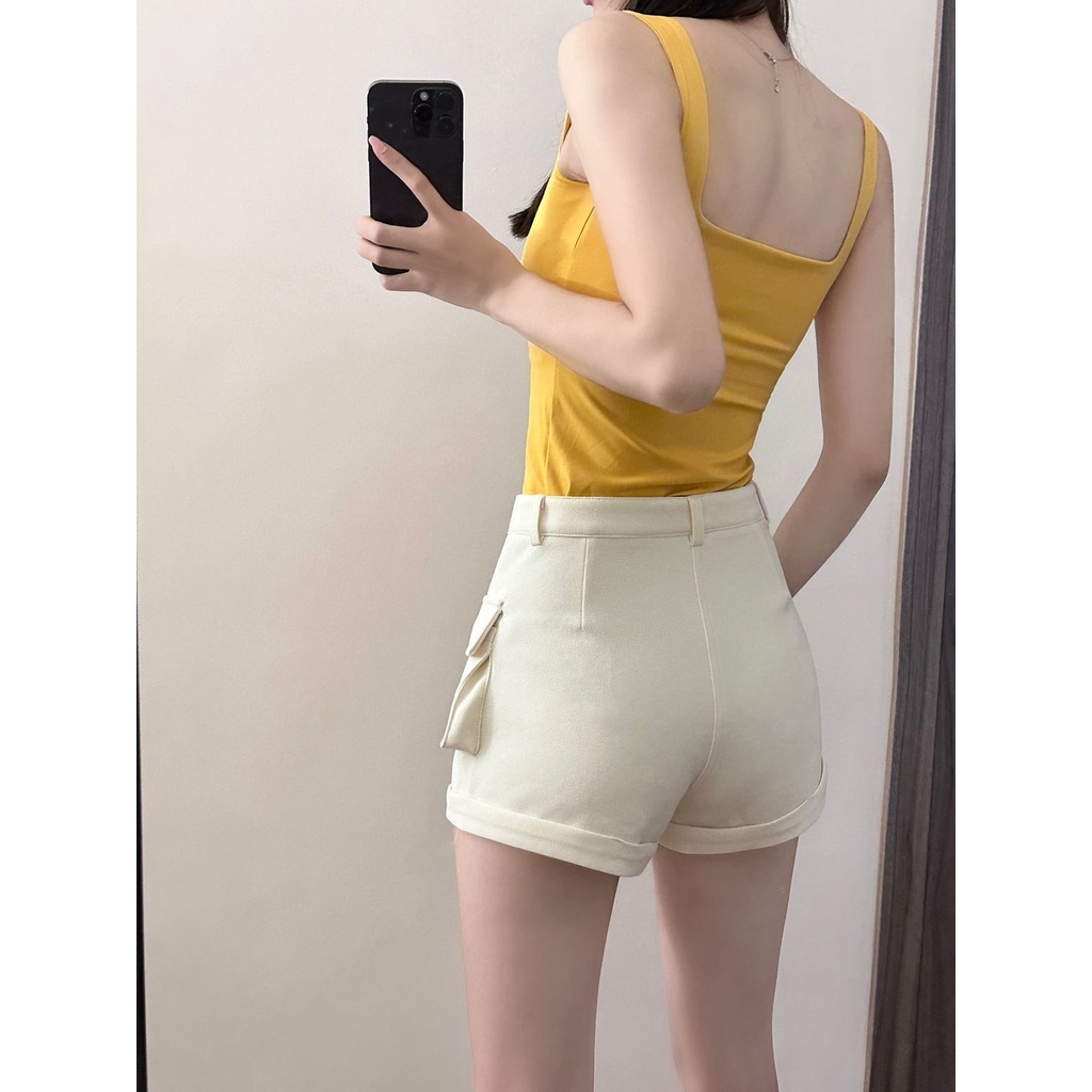 Jiashucheng Quần Short Yếm Lưng Cao Ống Rộng Màu Trắng Thời Trang Mùa Hè Hàng Mới Dành Cho Bạn Nữ
