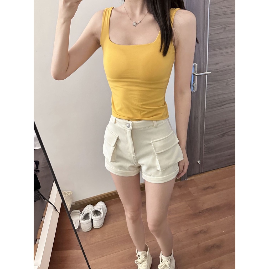 Jiashucheng Quần Short Yếm Lưng Cao Ống Rộng Màu Trắng Thời Trang Mùa Hè Hàng Mới Dành Cho Bạn Nữ