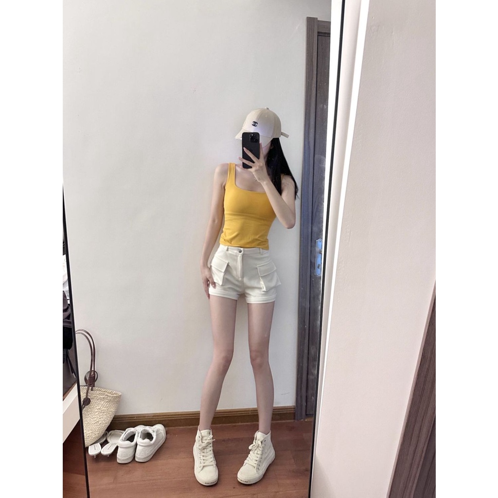 Jiashucheng Quần Short Yếm Lưng Cao Ống Rộng Màu Trắng Thời Trang Mùa Hè Hàng Mới Dành Cho Bạn Nữ