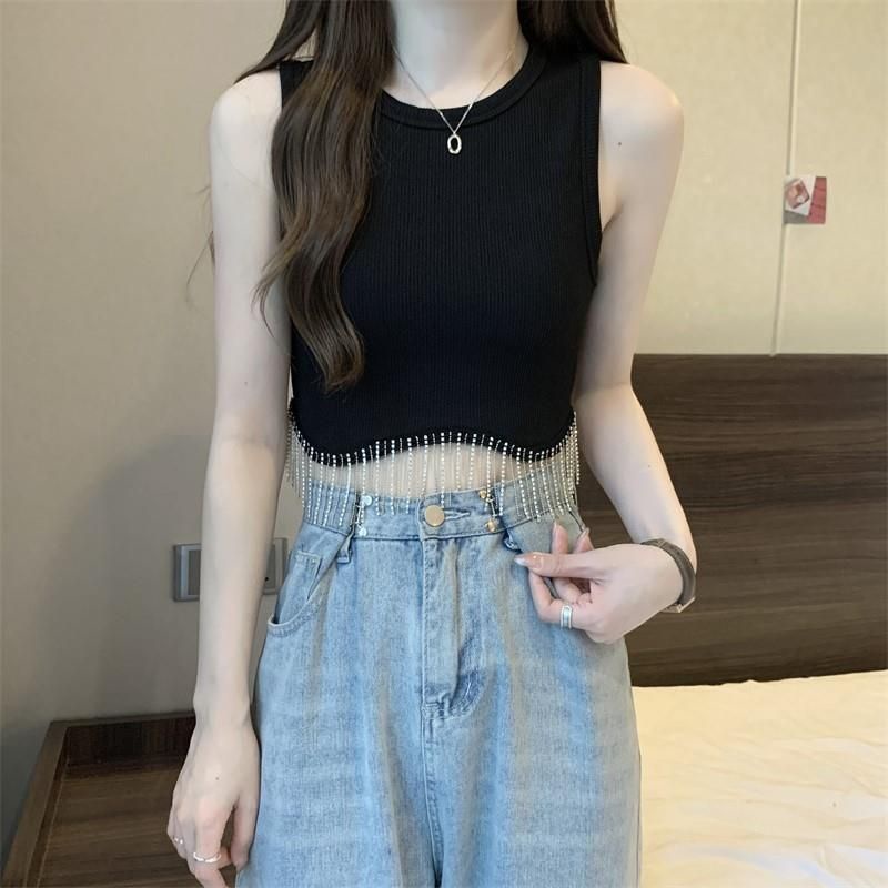 Jiashucheng Áo Hai Dây Dáng Ngắn Đính Đá Phối Tua Rua Thời Trang Mùa Hè Cho Nữ