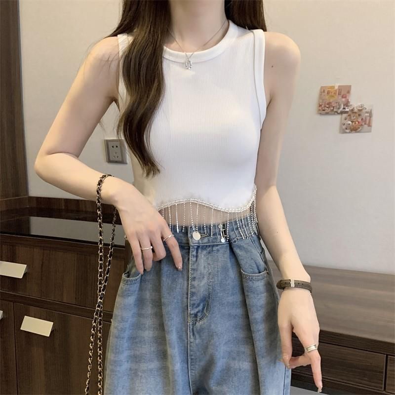 Jiashucheng Áo Hai Dây Dáng Ngắn Đính Đá Phối Tua Rua Thời Trang Mùa Hè Cho Nữ
