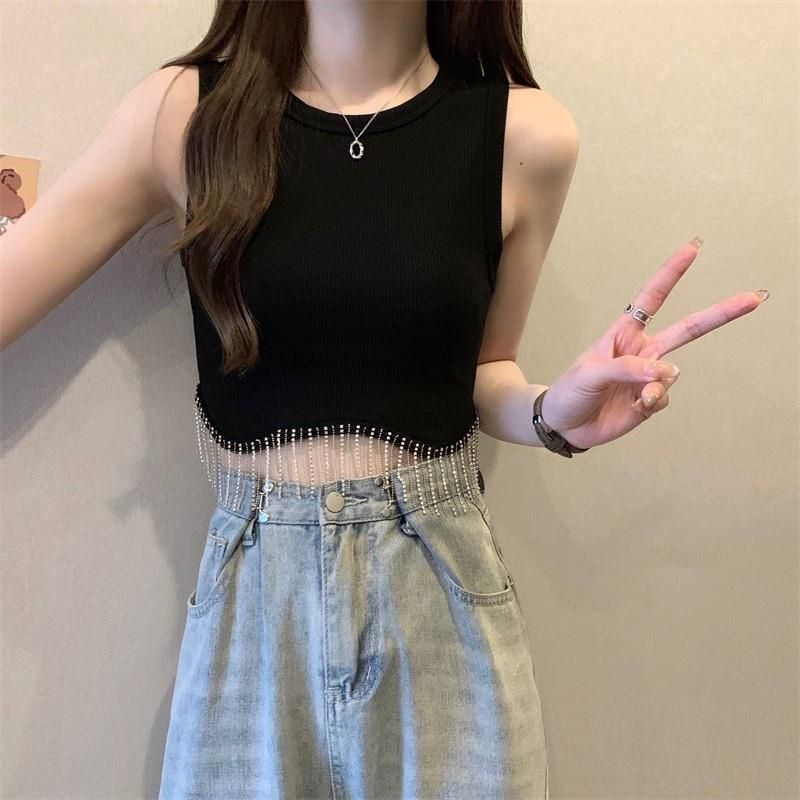 Jiashucheng Áo Hai Dây Dáng Ngắn Đính Đá Phối Tua Rua Thời Trang Mùa Hè Cho Nữ