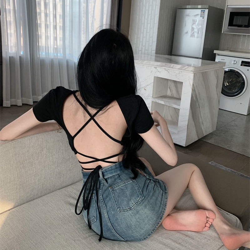 Jiashucheng Áo Nữ Tay Ngắn Dáng Ôm Buộc Dây Gợi Cảm