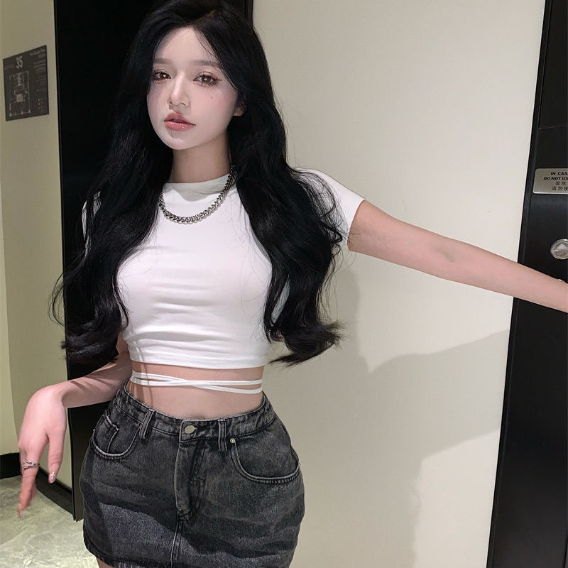 Jiashucheng Áo Nữ Tay Ngắn Dáng Ôm Buộc Dây Gợi Cảm