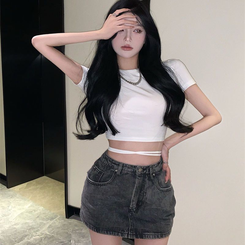 Jiashucheng Áo Nữ Tay Ngắn Dáng Ôm Buộc Dây Gợi Cảm