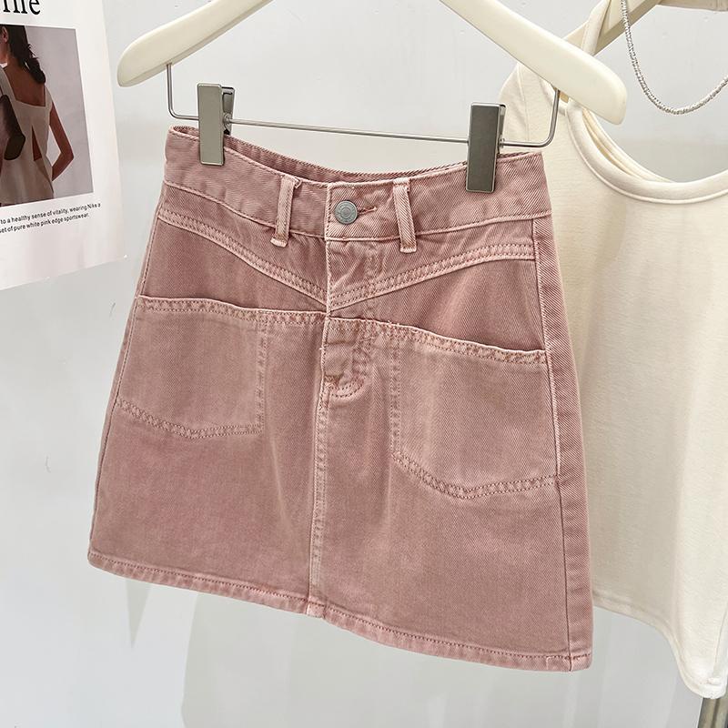 Jiashucheng Chân Váy Denim Hồng Lưng Cao Dáng Chữ A Thời Trang Mùa Hè Hàng Mới Dành Cho Bạn Nữ