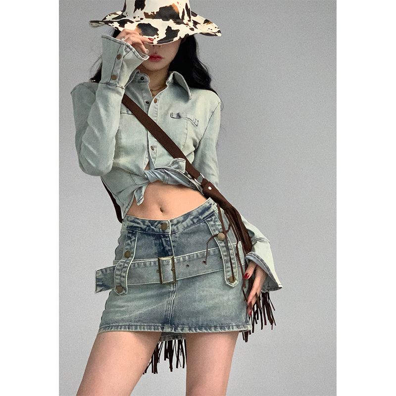 Jiashucheng Chân Váy Denim Lưng Cao Ôm Dáng Phong Cách Retro Mỹ Thời Trang Mùa Xuân Mới Cho Nữ