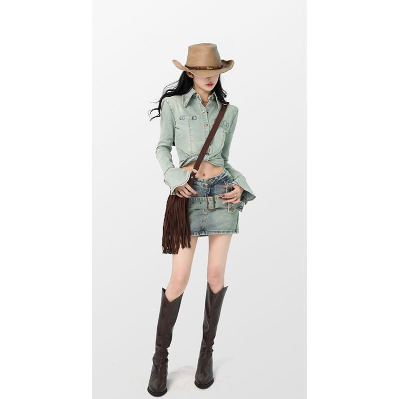 Jiashucheng Chân Váy Denim Lưng Cao Ôm Dáng Phong Cách Retro Mỹ Thời Trang Mùa Xuân Mới Cho Nữ