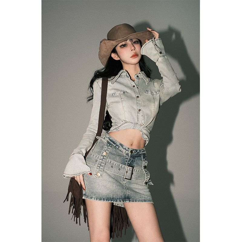 Jiashucheng Chân Váy Denim Lưng Cao Ôm Dáng Phong Cách Retro Mỹ Thời Trang Mùa Xuân Mới Cho Nữ