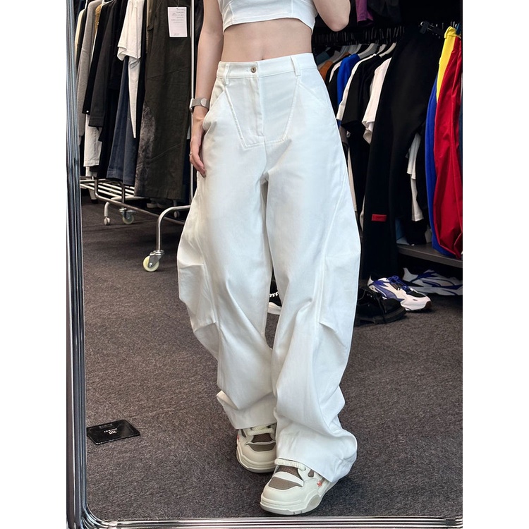 Jiashucheng Quần Jean Trắng Lưng Cao Ống Rộng Phong Cách Retro Mỹ Mùa Hè Dễ Phối Đồ Cho Nữ