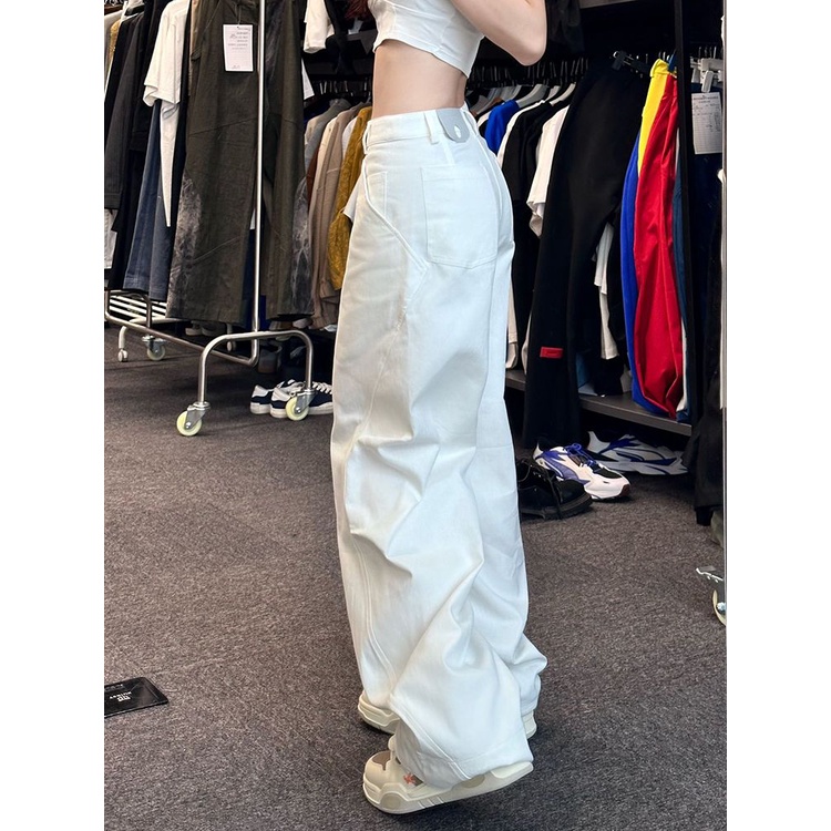 Jiashucheng Quần Jean Trắng Lưng Cao Ống Rộng Phong Cách Retro Mỹ Mùa Hè Dễ Phối Đồ Cho Nữ